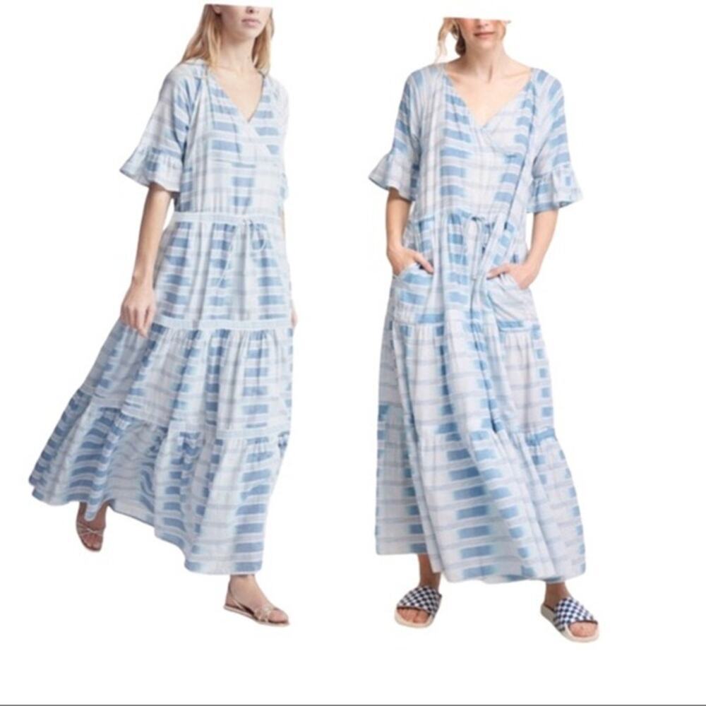 WARM Latitude Blue & White Short Sleeves Tie at Waist Flowy Maxi Dress Size M